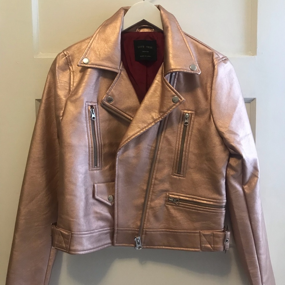 Vegan Leather Moto Jacket- Rose Gold size M